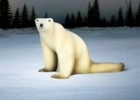 Still from Tape 01: a polar bear on night snow, propped up on its two front paws with its back legs stretched out flat behind it.